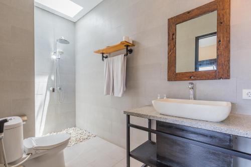 a bathroom with a sink and a toilet and a mirror at Villas Krisna Canggu WCS in Canggu