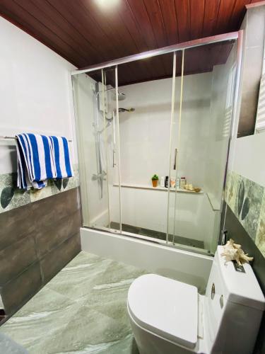 a bathroom with a glass shower and a toilet at Erin Orr Villa in Wadduwa