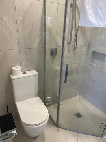 a bathroom with a toilet and a glass shower at Wander Inn in Rangiputa