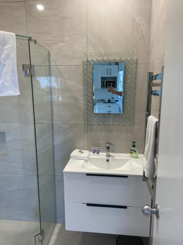 a bathroom with a sink and a glass shower at Wander Inn in Kaitaia