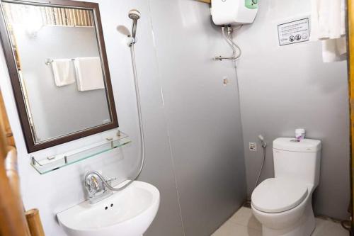 een badkamer met een toilet, een wastafel en een spiegel bij Đảo Chè Thanh Chương - Điếu Cày Travel in Trai Ðỏ