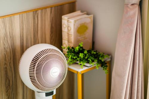 a white fan sitting on a table with a plant at Water Swing B&B in Renai