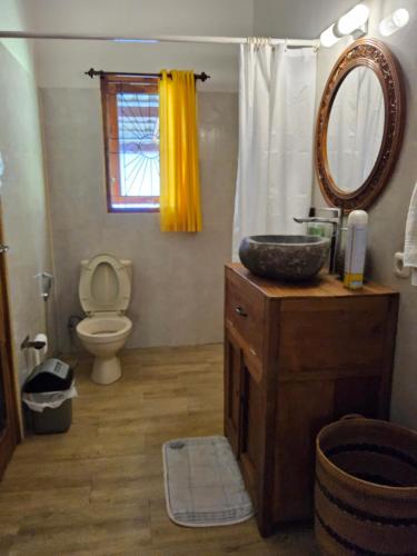 a bathroom with a sink and a toilet and a mirror at Rumah Atlas in Senggigi 
