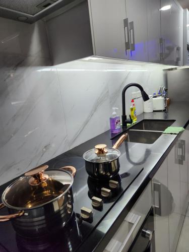 two pots on a stove in a kitchen at Kandi Suites 2BR with private Jacuzzi 500 Mbps internet in Angeles