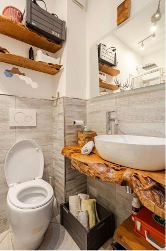 a bathroom with a white toilet and a sink at La Lanterna sui Monti in Pragelato
