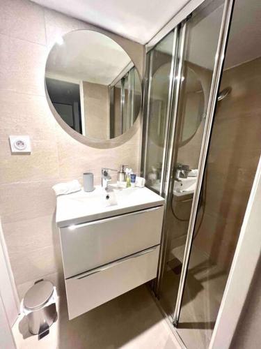 une salle de bain avec un lavabo et un miroir dans l'établissement Studio 1 Adorable studio neuf en bord de Marne 5kms Paris, à Champigny-sur-Marne