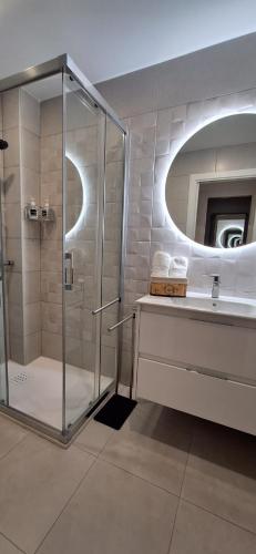 a bathroom with a shower and a sink and a mirror at Narciso Tomé en San justo 4 in Toledo