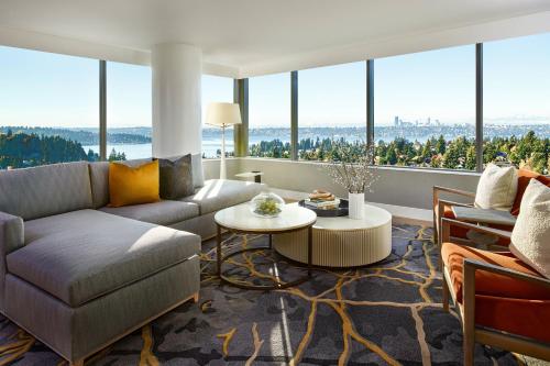 a living room with a couch and a table at The Westin Bellevue in Bellevue
