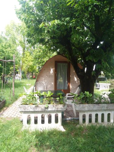 a tiny house in a garden with a tree at terrebio bungalow in Visnadello