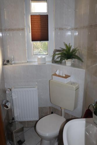 bagno con servizi igienici, lavandino e finestra di Hotel Kropper Busch Garni a Kropp
