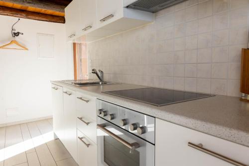 a kitchen with a sink and a stove at Verzasca Lodge Elma in Sonogno