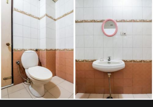 two pictures of a bathroom with a toilet and a sink at Hotel sunrise in Lucknow