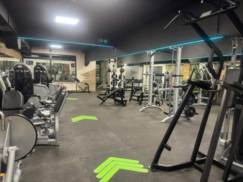 a gym with lots of equipment in a room at Bella apartman in Mladenovac