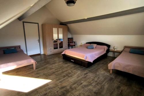 1 dormitorio con 2 camas y espejo en montagnes Pyrénées, en Bôo-Silhen