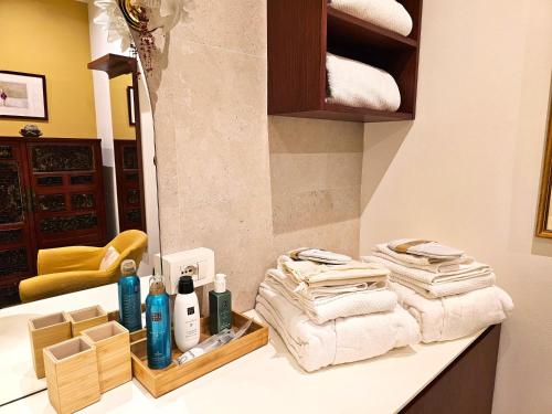 un bancone del bagno con asciugamani e prodotti igienici di Aedel Lxr a Torino