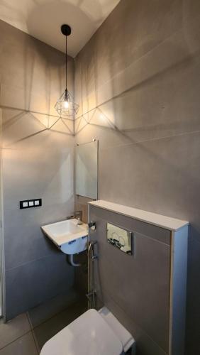 La salle de bains est pourvue d'un lavabo, de toilettes et d'un miroir. dans l'établissement Amrutiya Farmview Suit, à Bhuj
