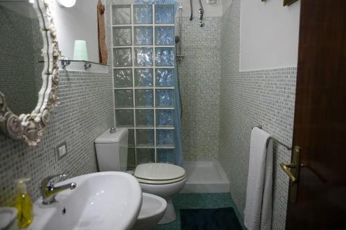 ein Bad mit einem WC, einem Waschbecken und einer Dusche in der Unterkunft Villa da Sogno con piscina privata in Avola