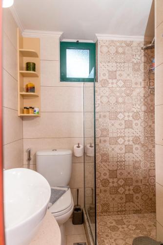 a bathroom with a toilet and a sink and a shower at Marathi Apartments in Marathi