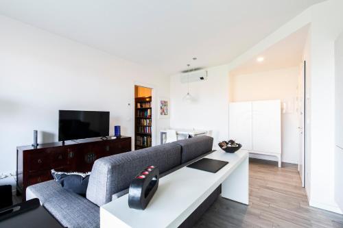 a living room with a couch and a tv at Bertelli 4 in San Lazzaro di Savena