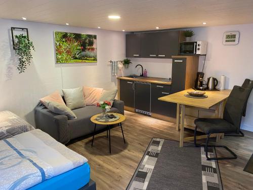 Apartment Mette في ماين: غرفة معيشة ومطبخ مع أريكة وطاولة