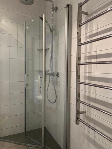 um chuveiro com uma porta de vidro na casa de banho em Gamla Viken, 150 qm, 3 bedroom, 6 beds em Viken
