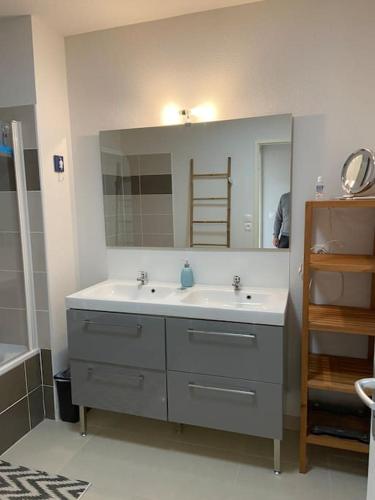 une salle de bain avec un lavabo et un miroir dans l'établissement Charmant appartement de type 3 au deuxieme étage, à Gujan-Mestras