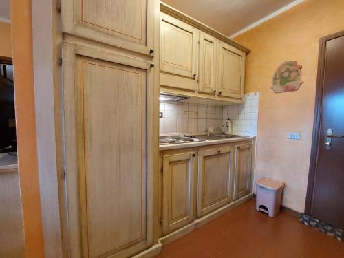 a kitchen with wooden cabinets and a sink at Appartamento Abetone vicino alle piste da sci! in Abetone