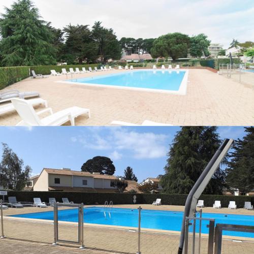 - deux photos d'une piscine avec toboggan dans l'établissement Maison dans résidence calme + piscine à Pornic, à Pornic