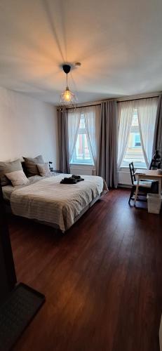 um quarto com uma cama, uma mesa e janelas em moderne Einraumwohnung mit eigenem Bad, Parkplatz, Balkonnutzung, zentrumsnah - In 10 Minuten mit dem Rad oder dem ÖPNV zur Arena und in Leipzigs Innenstadt em Leipzig