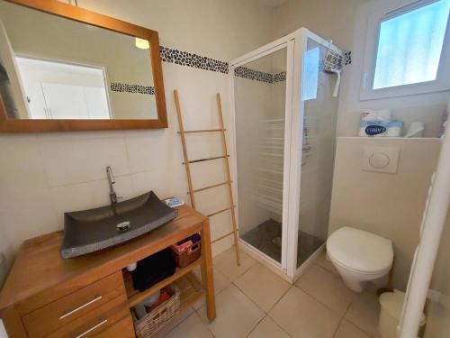 ein Badezimmer mit einem WC, einem Waschbecken und einem Spiegel in der Unterkunft Villa club 2 chambres avec grande terrasse dans résidence de vacances in Six-Fours-les-Plages