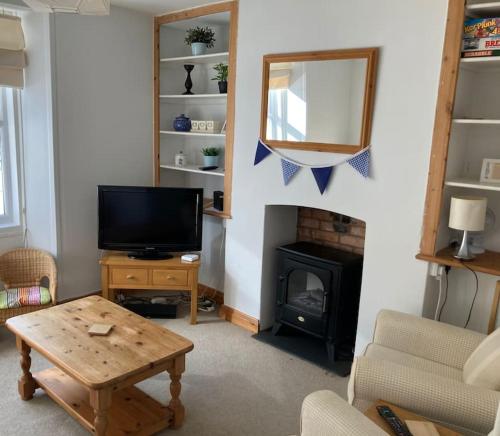a living room with a television and a fireplace at Tenby Cottage with Parking in Tenby