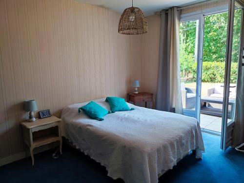 une chambre avec un lit avec des oreillers bleus et une fenêtre dans l'établissement MAISON DE VACANCES, à Saint-Augustin