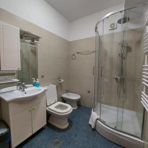 a bathroom with a shower and a toilet and a sink at Villa Šolta - b&b overlooking the bay in Rogač
