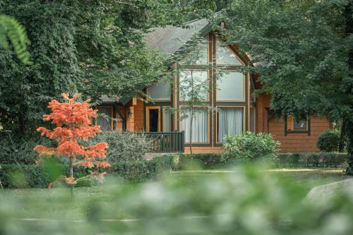a house with a red tree in front of it at RIVER INN RESORT AND SPA in Nabran