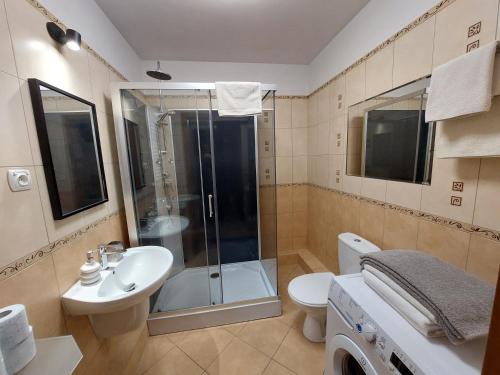 シュチェチンにあるSAS Apartamenty Green Parkのバスルーム(シャワー、トイレ、シンク付)
