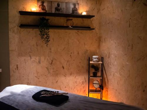 a bedroom with a bed and shelves on the wall at Hotel Princesa Parc in Arinsal