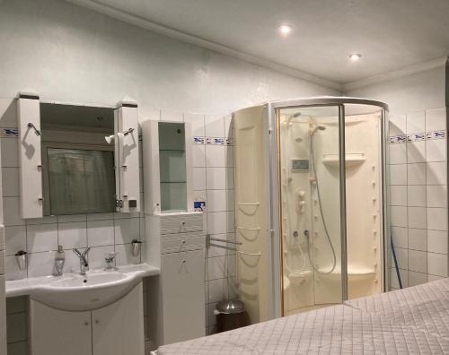 uma casa de banho branca com um chuveiro e um lavatório. em Apartman De Lux em Nyíregyháza