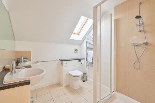 un bagno con wc, lavandino e doccia di Swallow Lodge with Hot Tub, dogs welcome sleeps 8, Great resort Facilities a Padstow