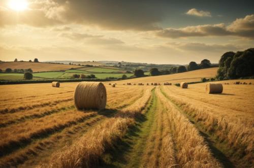 a field of hay bales in the sunset at Daweswood - Luxury cottage, lake access & hot tub in Canterbury