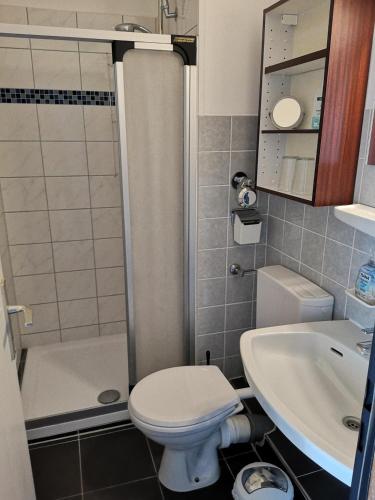 a small bathroom with a toilet and a sink at Strandhotel Wohnung 68 in Dahme