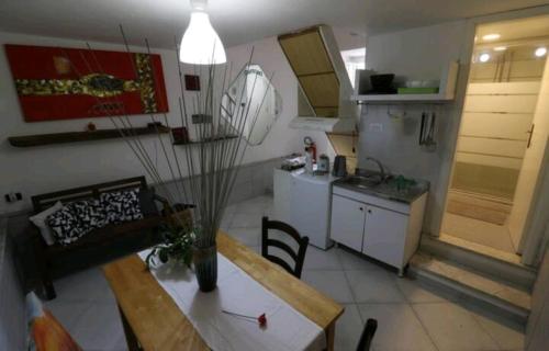 eine Küche und ein Esszimmer mit einem Tisch, einer Küche und einem Esszimmer in der Unterkunft casettazara in Meta