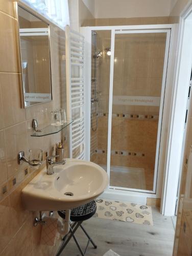 a bathroom with a sink and a shower at Magnólia Vendégház in Villány