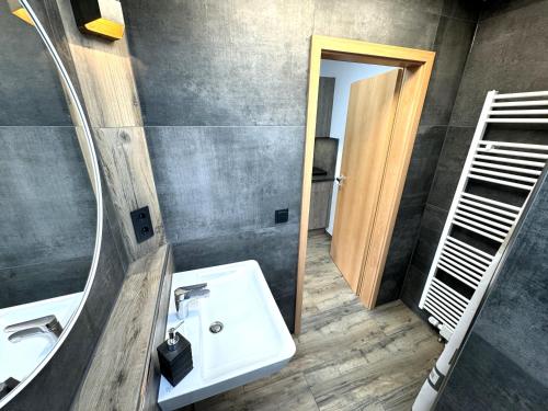 uma casa de banho com um lavatório e um espelho em Ferienwohnung Nele em Hillstett