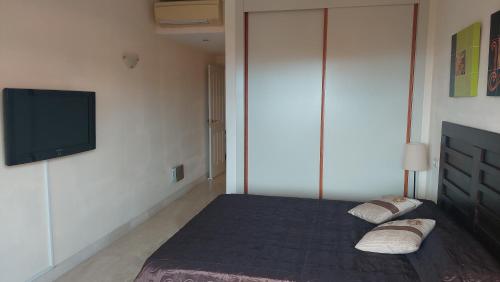 a bedroom with a bed and a flat screen tv at Jardines, piscina y mar in Estepona