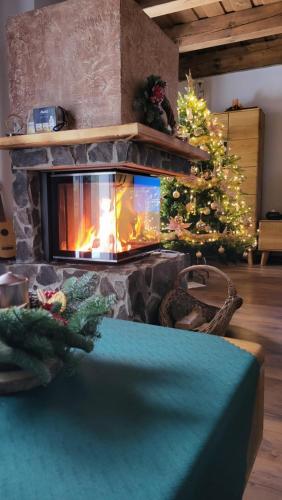 a fireplace in a living room with a christmas tree at Chata Krpko in Horná Lehota