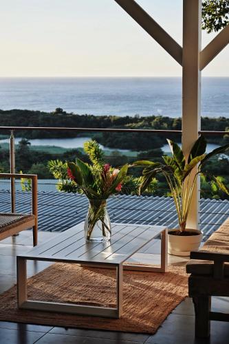 a table with plants sitting on top of a balcony at Villa Calysta in Deshaies