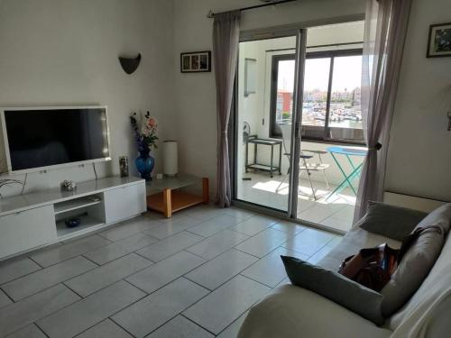 un soggiorno con un divano e una televisione di St Cyprien Joli T3 avec vue sur la lagune a Saint-Cyprien