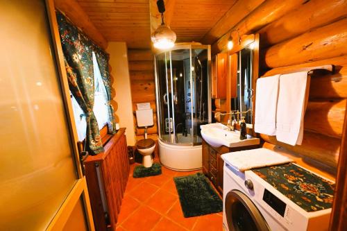 a bathroom with a shower and a sink and a washing machine at Casa de Lemn in Râşnov