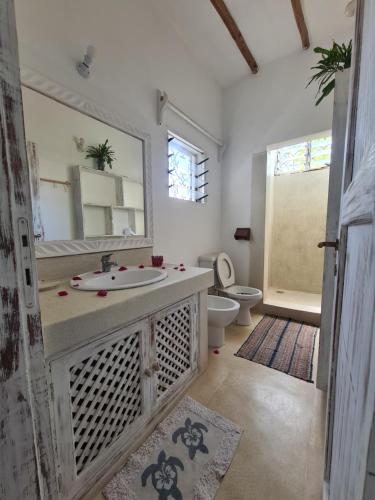bagno con lavandino, servizi igienici e specchio di Villa Yasmin a Watamu