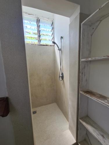 a walk in shower with a window in a bathroom at Villa Yasmin in Watamu